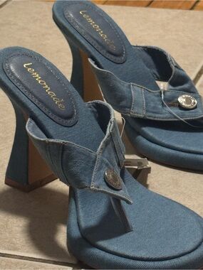 Y2K Lemonade Denim Blue Chunky Thong Sandal Heels